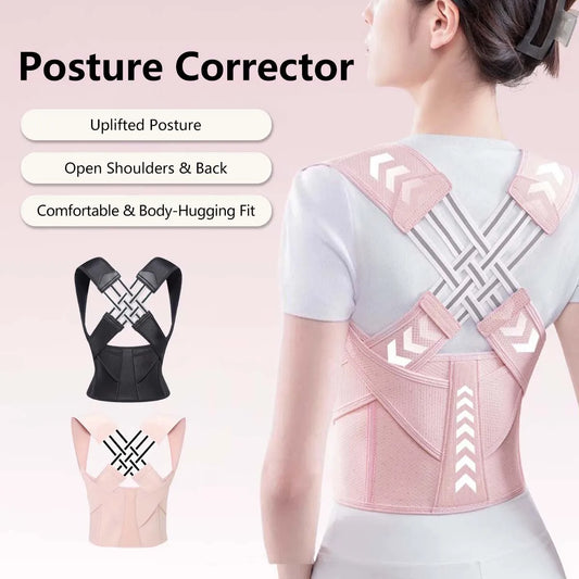 A woman wearing her pink posture corrector 